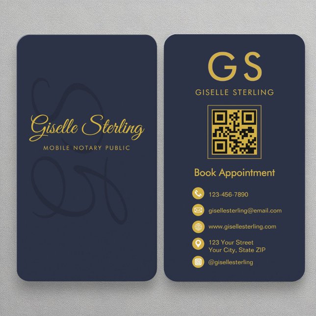 Mobile Notary Public Navy Blue Gold QR Code Business Card (Creator Uploaded)