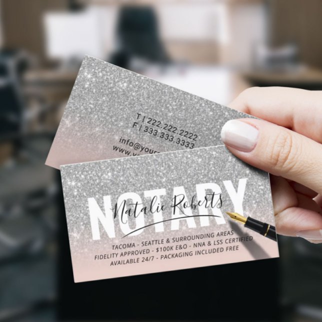 Mobile Notary Public Silver Glitter Pink Signature Business Card (Creator Uploaded)