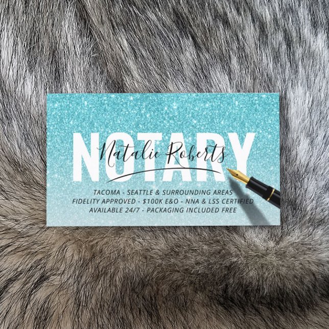 Mobile Notary Public Turquoise Glitter Signature Business Card (Creator Uploaded)