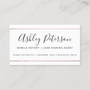 Mobile Notary public typography rose gold stripe Business Card