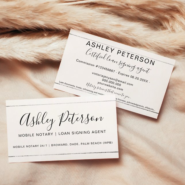 Mobile Notary public typography silver stripe Business Card (Mobile Notary public typography silver stripe Business Card)