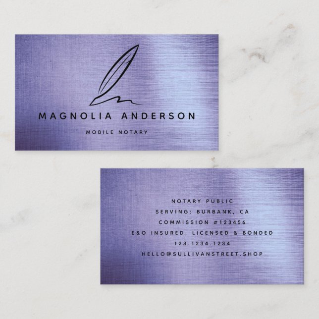 Mobile Notary Quill Lilac Brushed Metal Business Card (Front/Back)