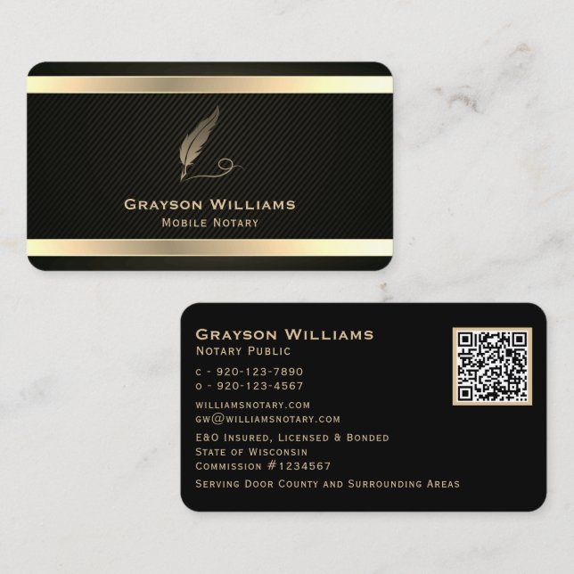 Mobile Notary Quill QR Code Gold Black  Business Card (Front/Back)