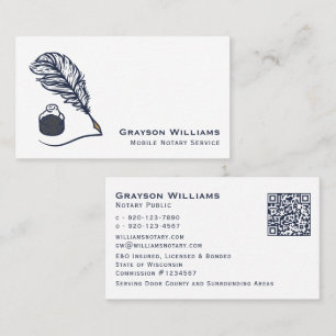 Mobile Notary Quill QR Code White Navy Business C Card