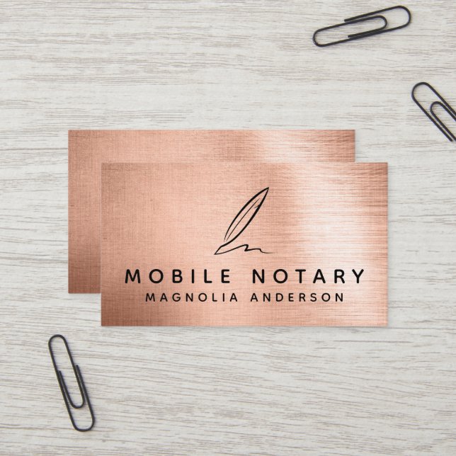 Mobile Notary Quill Rose Gold Brushed Metal Business Card (Front/Back In Situ)