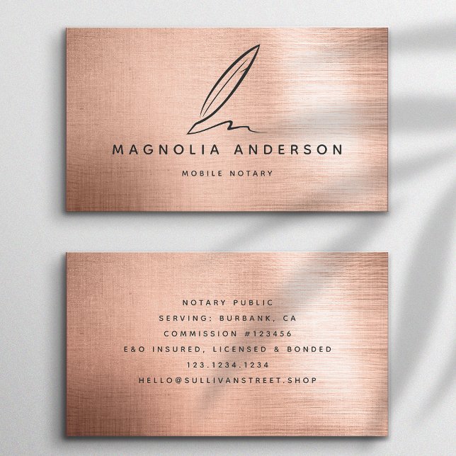 Mobile Notary Quill Rose Gold Brushed Metal Business Card (Creator Uploaded)