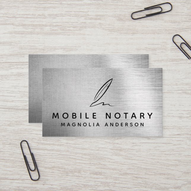 Mobile Notary Quill Silver Foil Business Card (Front/Back In Situ)