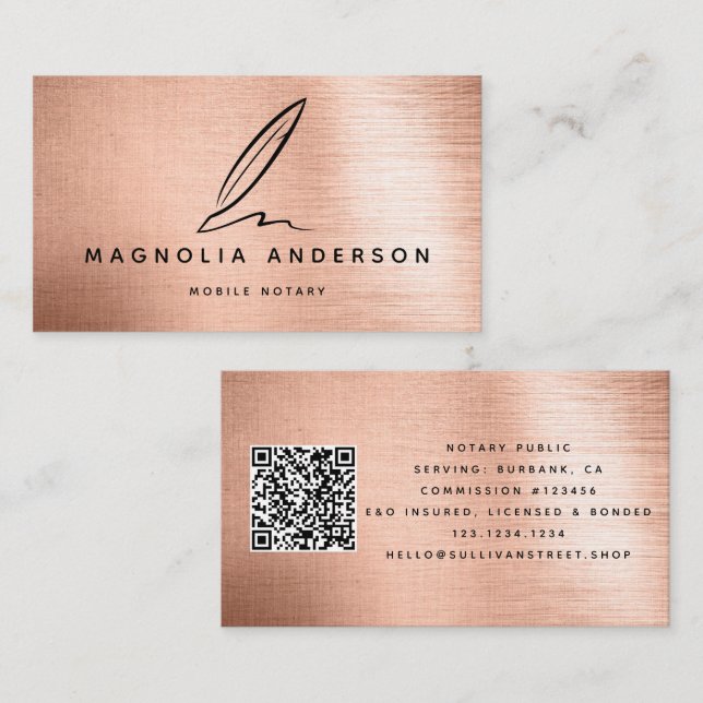 Mobile Notary Rose Gold Brushed Metal QR Code Business Card (Front/Back)