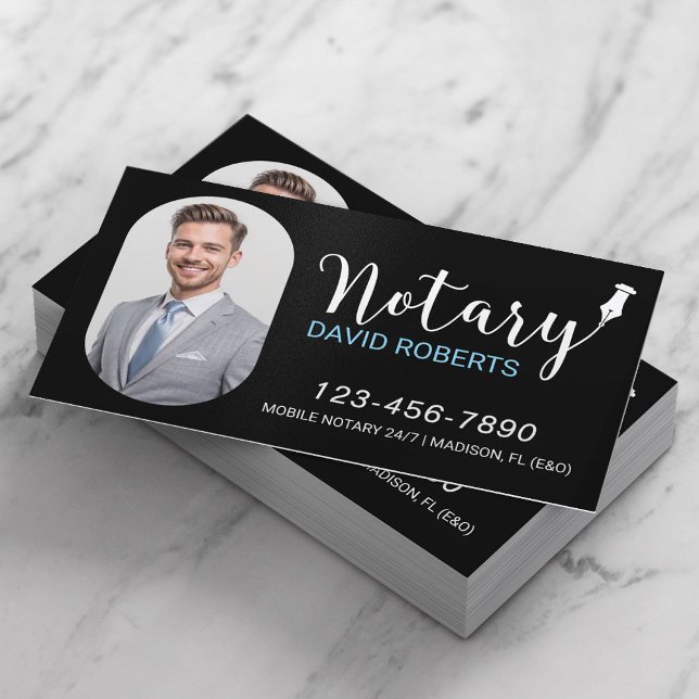 Mobile Notary Service Elegant Black Custom Photo Business Card (Creator Uploaded)