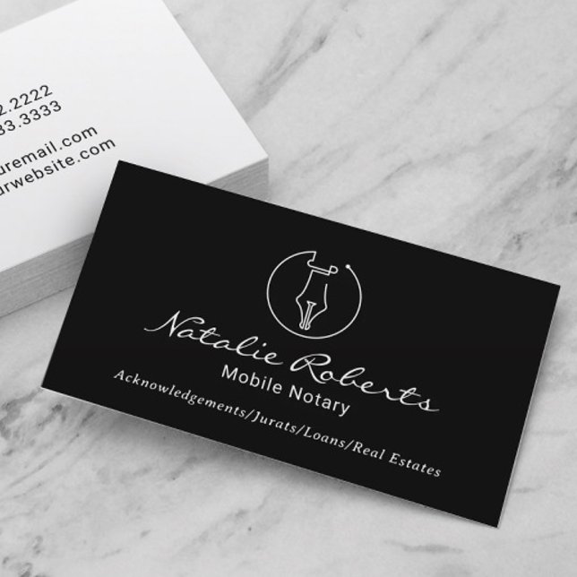 Mobile Notary Service Minimalist Pen Logo Black Business Card (Creator Uploaded)