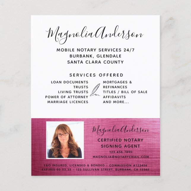 Mobile Notary Service Pink Foil Photo Flyer (Front)