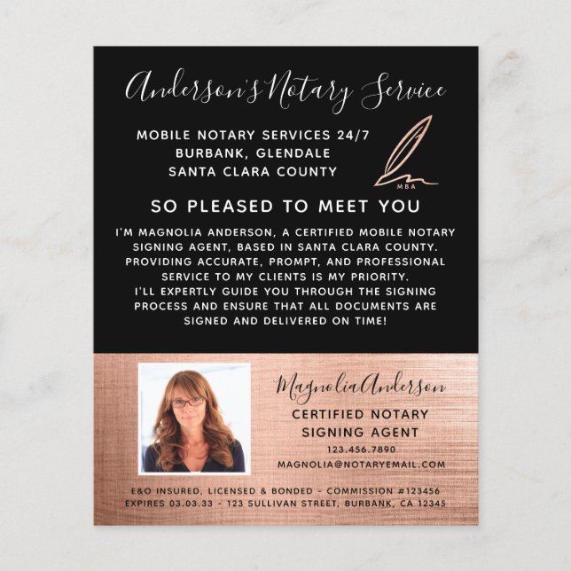 Mobile Notary Service Rose Gold Photo Flyer (Front)