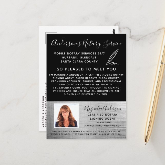 Mobile Notary Service Silver Photo Marketing Postcard (Front/Back In Situ)