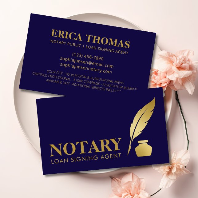 Mobile Notary Signing Agent Luxury Navy & Gold Business Card (Creator Uploaded)