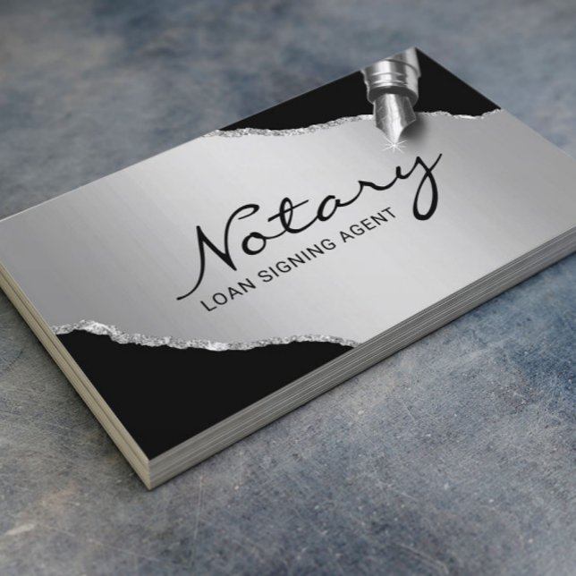 Mobile Notary Signing Agent Modern Black & Silver Business Card (Creator Uploaded)