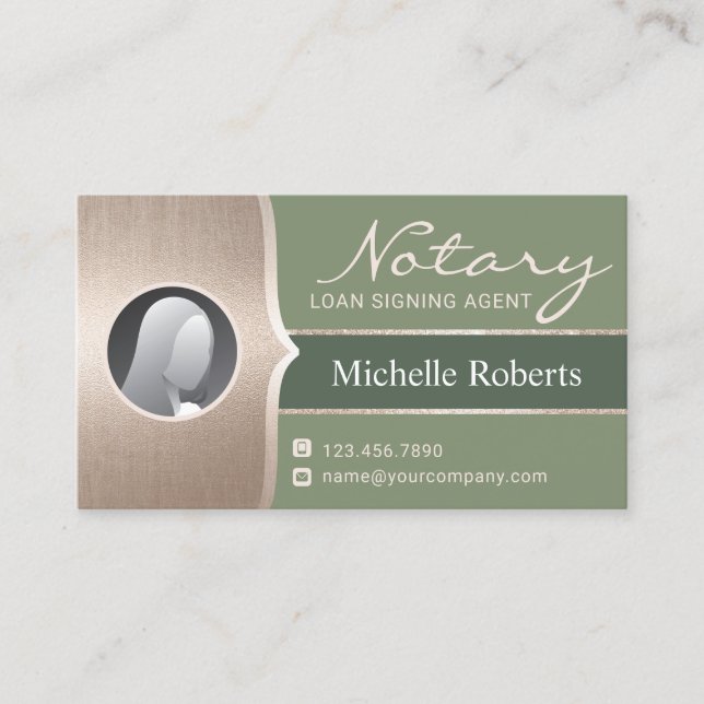Mobile Notary Signing Agent Sage Green & Gold Business Card (Front)