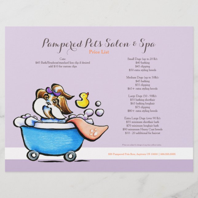 Mobile Pet Groomer Shih Tzu Purple Price Sheet (Front)
