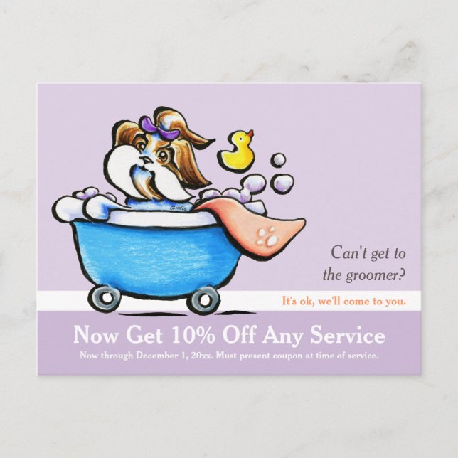 Mobile Pet Grooming Shih Tzu Purple Coupon Mailer Postcard (Front)