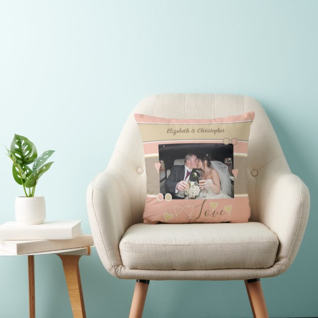 Mocha and blush anniversary with photo throw pillow (Chair)