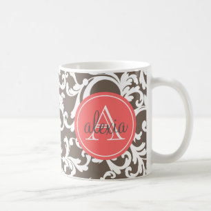 Mocha and Coral Monogrammed Damask Print Coffee Mug