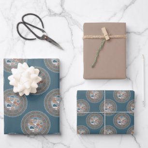 Mocha and Teal Abstract Accent Polka Dot Mandala Wrapping Paper Sheet