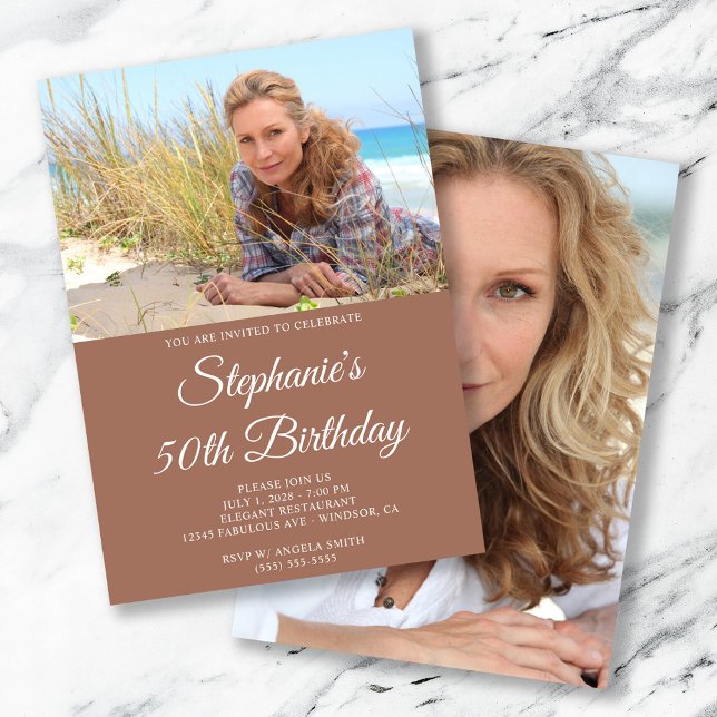 Mocha and White Elegant Script 50th Birthday Invitation (Mocha and White Elegant Script 50th Birthday Invitation)
