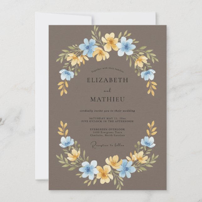 Mocha Azure Wreath Wedding Invitation (Front)
