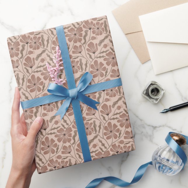 Mocha Boho Mid Century Modern Floral Pattern Wrapping Paper (Gifting)