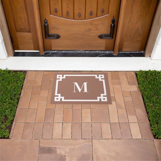 Mocha Brown and White Greek Key Border Monogram Doormat (Outdoor)