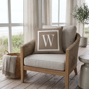 Mocha Brown and White Preppy Square Monogram Throw Pillow