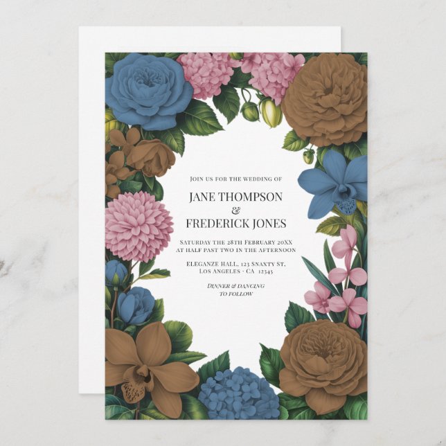 Mocha Brown, Dusty Blue & Soft Pink Floral Wedding Invitation (Front/Back)