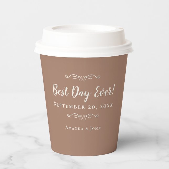 Mocha Brown Elegant Wedding Best Day Ever Romantic Paper Cups (Front)