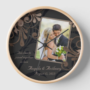 Mocha Brown Floral Personalized Photo Template Clock