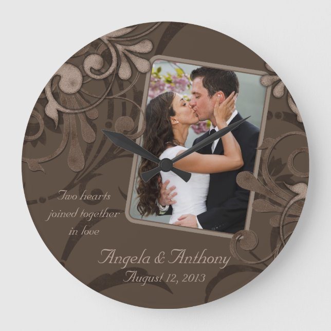 Mocha Brown Floral Personalized Photo Template Large Clock (Front)