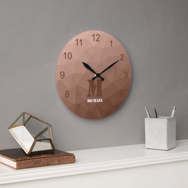 Mocha Brown geometric mesh pattern Monogram Large Clock (Office)