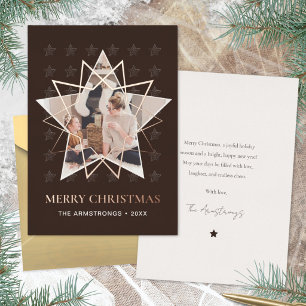 Mocha Brown Geometric Star Rose Gold Christmas Foil Holiday Card