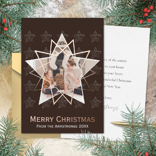 Mocha Brown Geometric Star Rose Gold Christmas Foil Holiday Card