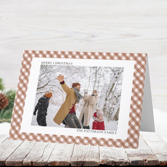 Mocha Brown Gingham Horizontal 2 Photo Christmas Holiday Card (Creator Uploaded)