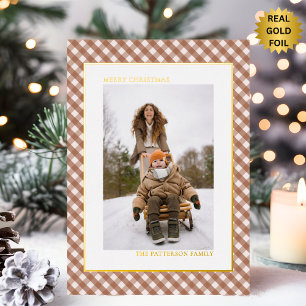 Mocha Brown Gingham Plaid Pattern Photo Christmas Foil Holiday Card