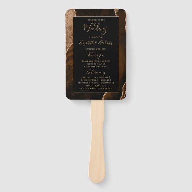 Mocha Brown Gold Agate Black Wedding Program Hand Fan (Front)