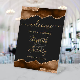 Mocha Brown Gold Agate Dark Wedding Welcome Pedestal Sign