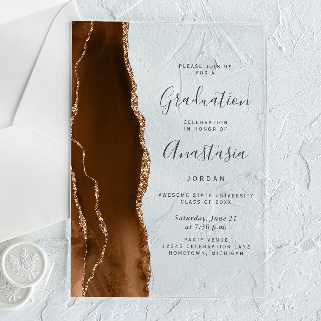 Mocha Brown Gold Agate Gray Text Graduation Acrylic Invitations (Creator Uploaded)