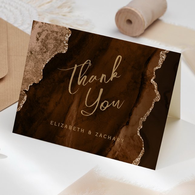 Mocha Brown Gold Agate Script Wedding Thank You Card (Creator Uploaded)