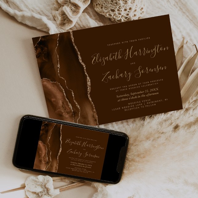 Mocha Brown Gold Agate Wedding Invitation (Creator Uploaded)