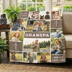 Mocha Brown Grandpa Name 12 Photo Heirloom Fleece Blanket