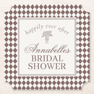 Mocha Brown Harlequin Checkered Bridal Shower Paper Coaster
