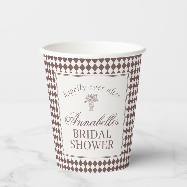 Mocha Brown Harlequin Checkered Bridal Shower Paper Cups (Front)