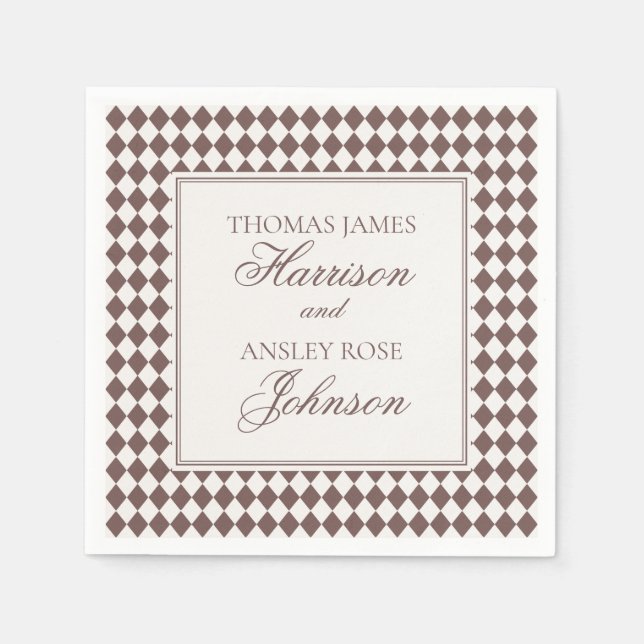 Mocha Brown Harlequin Checkered Wedding Napkin (Front)