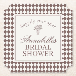 Mocha Brown Harlequin Chequered Bridal Shower Paper Coaster