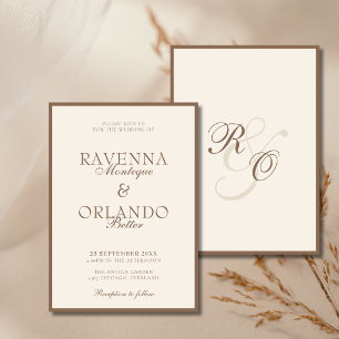Mocha Brown Ivory Monogram Old Money Wedding Invitation